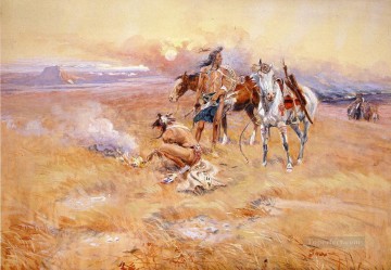monochrome black white Painting - Blackfeet Burning Crow Buffalo Range cowboy Charles Marion Russell Indiana